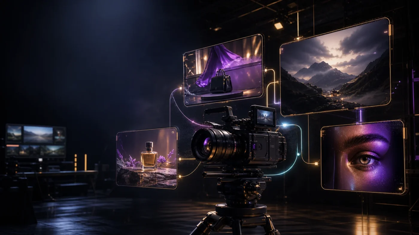 Higgsfield AI cinematic video and image creation workspace with virtual camera controls