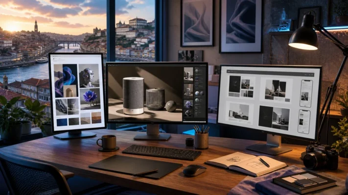 Estúdio criativo no Porto com IA visual, 3D e layouts WordPress em desenvolvimento.